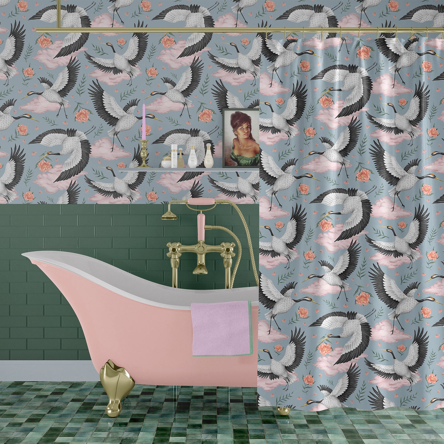 Flights of the Cranes Sky Blue Luxury Shower Curtain - 3 Sizes Available