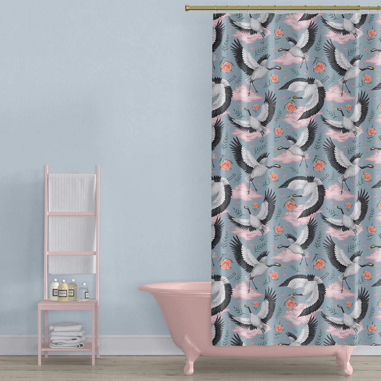 Flights of the Cranes Sky Blue Luxury Shower Curtain - 3 Sizes Available