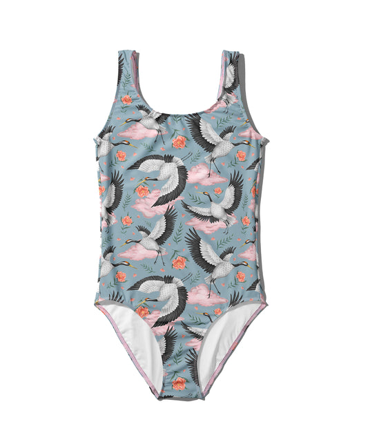 Limited Edition Swimsuits - UV resistant - Handmade in London - Flight of the Cranes Sky Blue