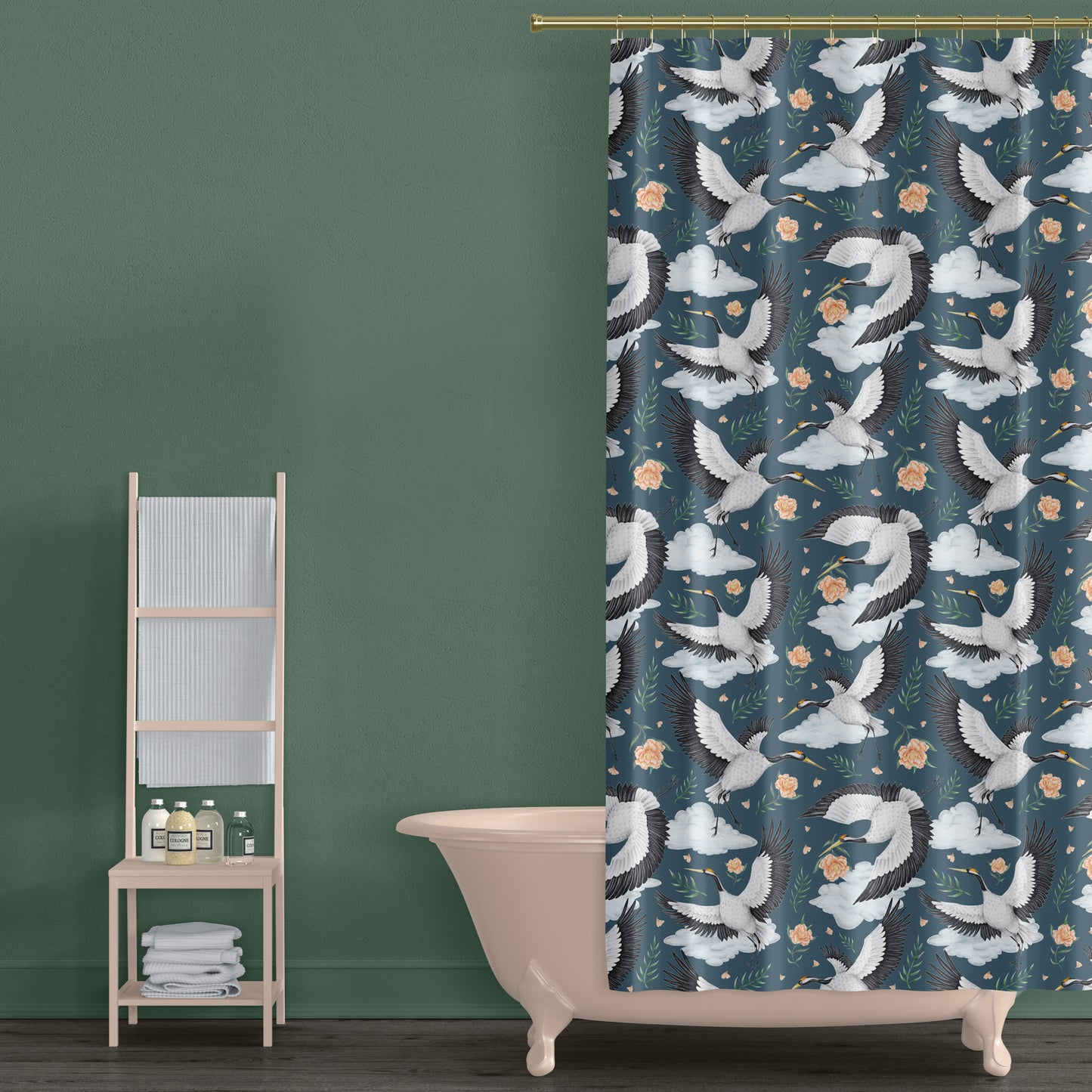 Flights of the Cranes Night Blue Luxury Shower Curtain - 3 Sizes Available