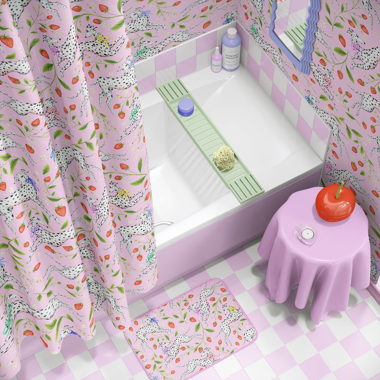 Spots and Strawbs in Sweet Pink Luxury Shower Curtain - 3 Sizes Available