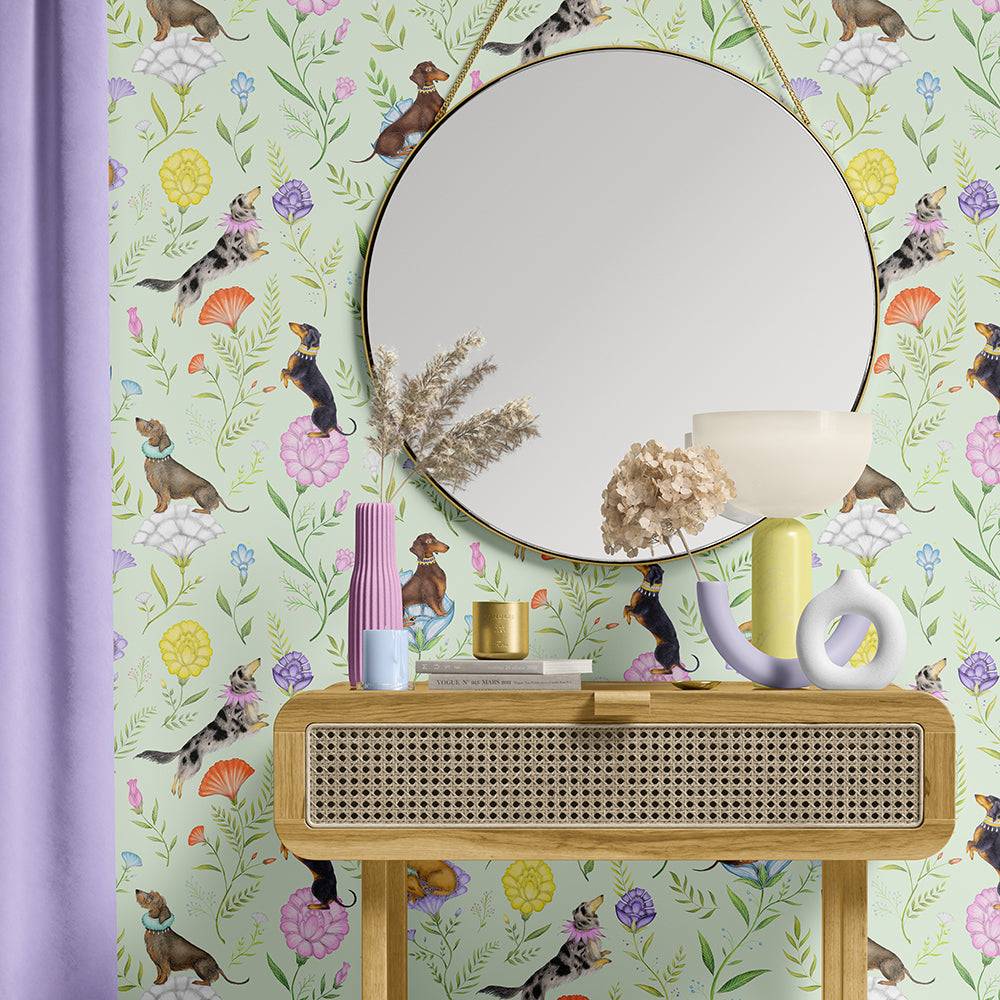 Doxie Day Afternoon Pistachio Green Wallpaper