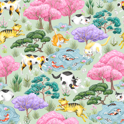 Neko Garden Jade Green Wallpaper