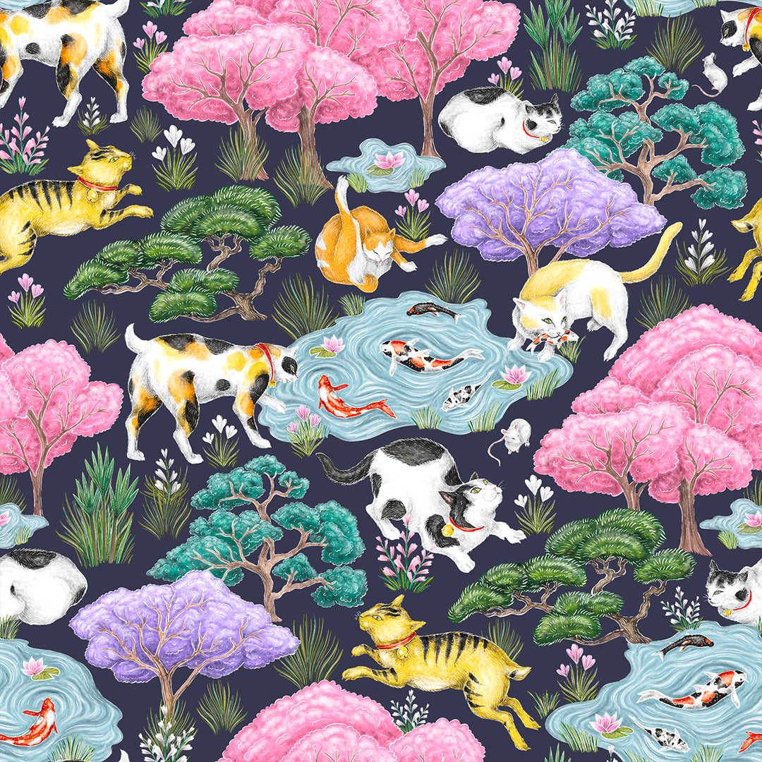 Neko Garden Midnight Blue Wallpaper