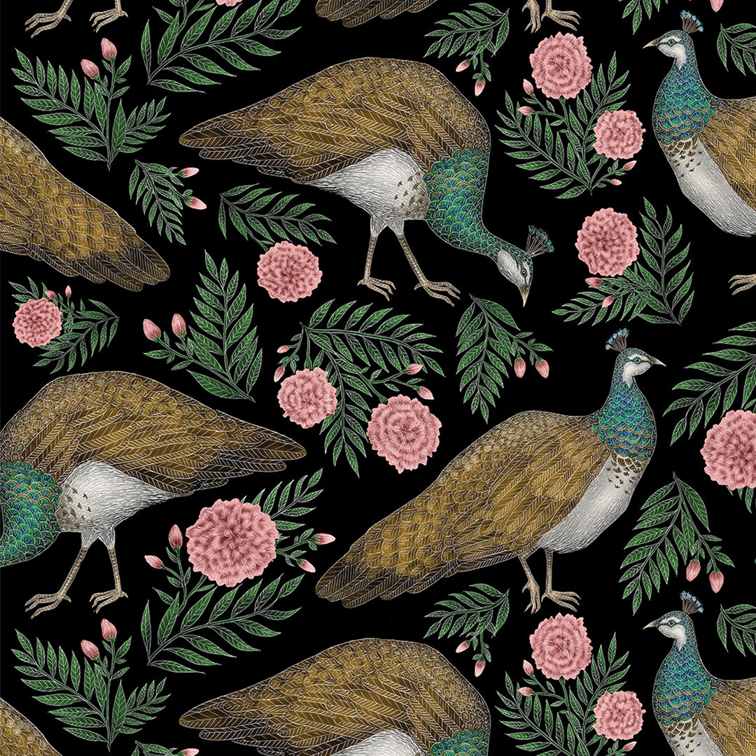 Peahen Pattern Midnight Black Wallpaper