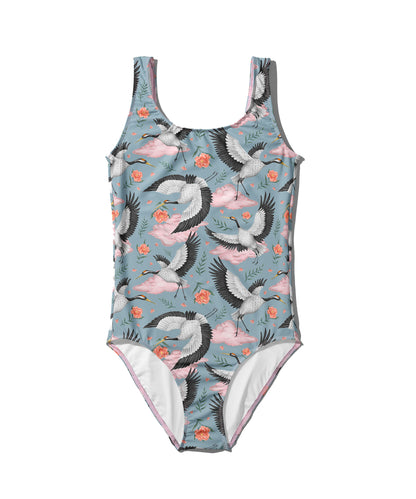 Limited Edition Swimsuits - UV resistant - Handmade in London - Flight of the Cranes Sky Blue