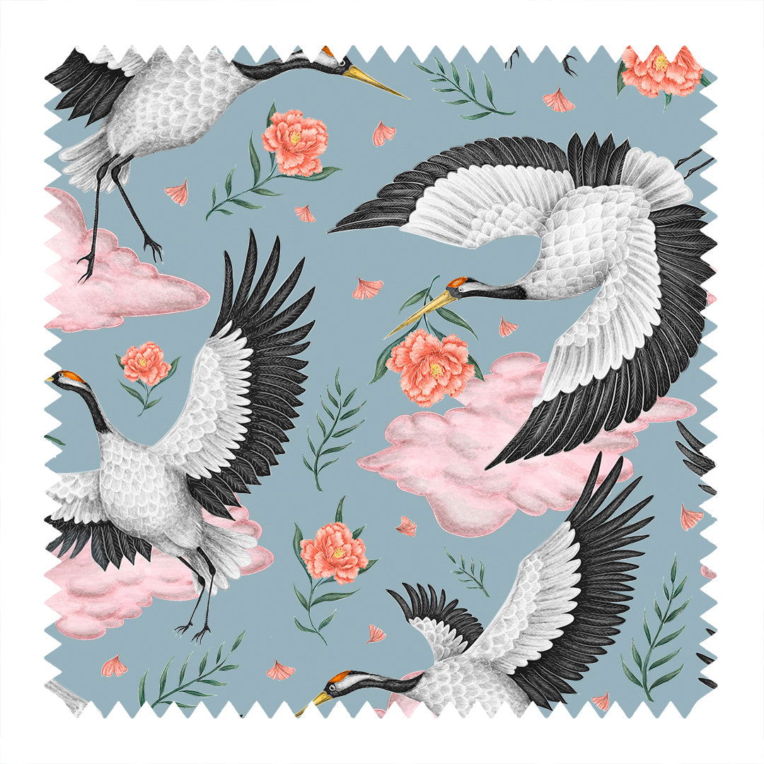 Flights of the Cranes in Sky Blue Fabric