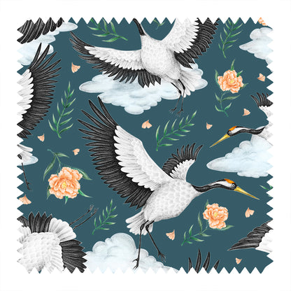 Flights of the Cranes in Night Blue Fabric