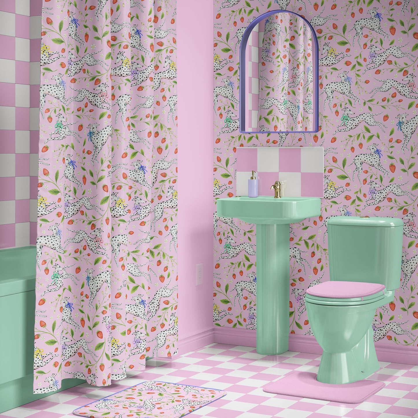 Spots and Strawbs in Sweet Pink Luxury Shower Curtain - 3 Sizes Available