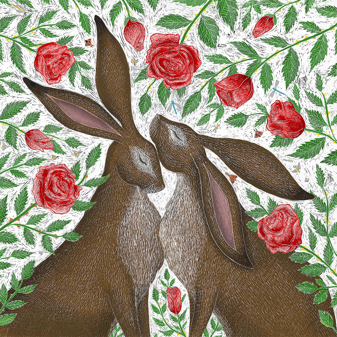 Rose Garden Hares Fine Art Print