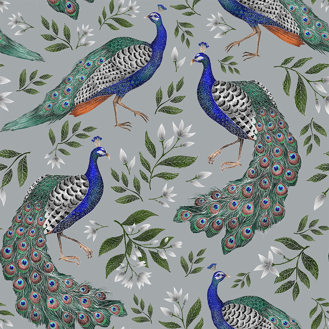 Hera's Peacock Mist Grey Wallpaper