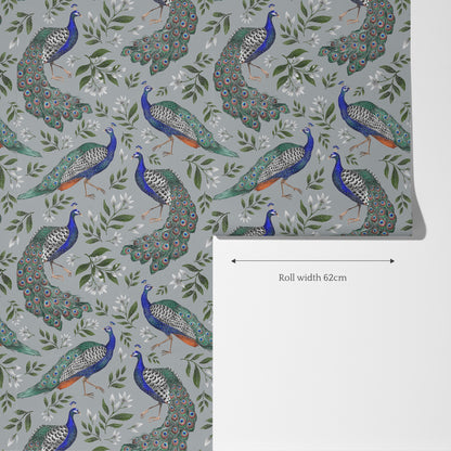 Hera's Peacock Mist Grey Wallpaper