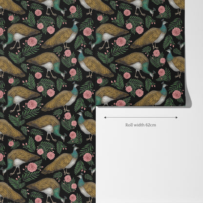 Peahen Pattern Midnight Black Wallpaper